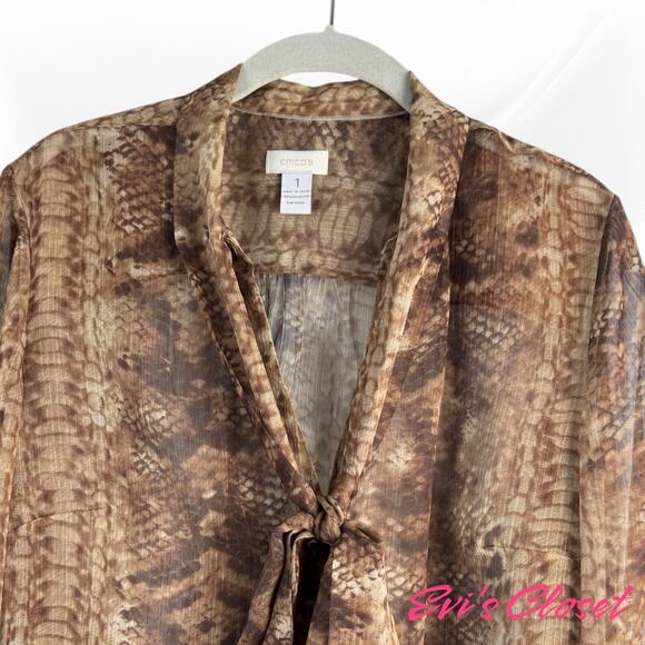 Chico's Women's Snake Skin Print Sheer Brown Blouse Sz 1/ M 8 Attached Neck Tie - Picture 3 of 6